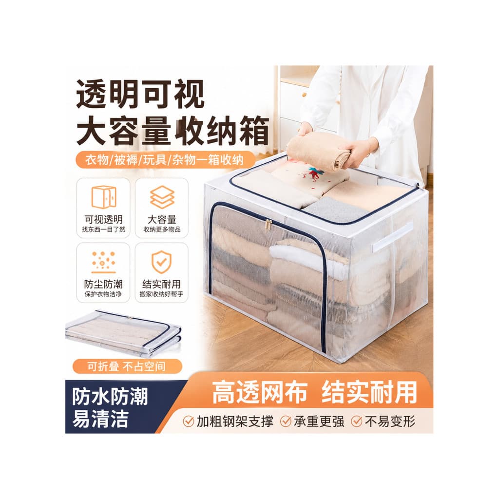 Caixa de armazenamento de roupas transparente dobrável Baina caixa grande zíper guarda-roupa caixa de armazenamento de b