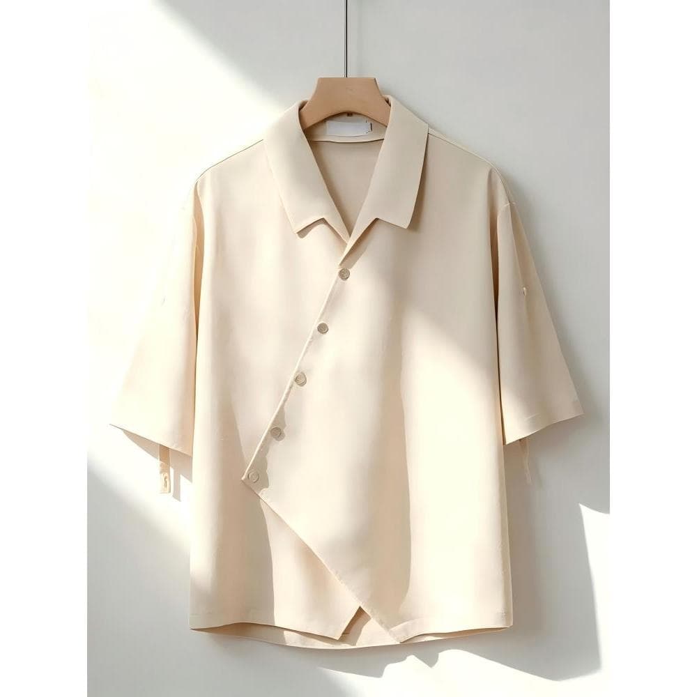 Estilo Casual assimétrico carcela camisa de manga curta masculina solta rufião bonito Drape não-ferro camisa verão moda