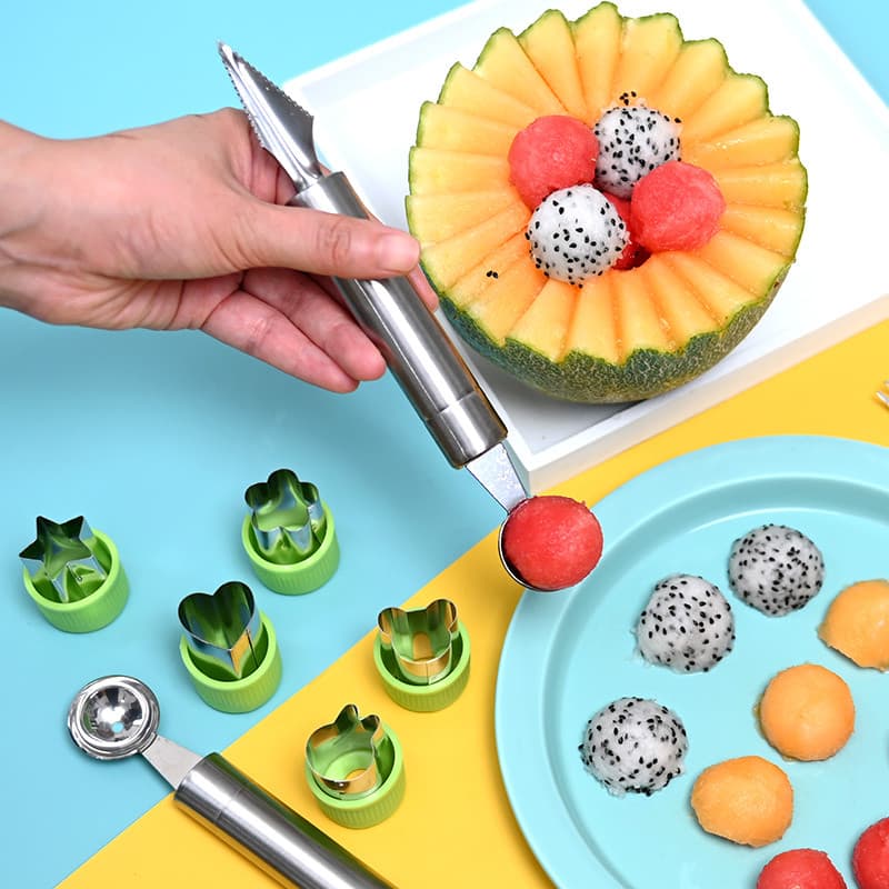 Aço inoxidável vegetal frutas escavador melancia escavação bola colher prato conjunto de ferramentas divisor escultura f