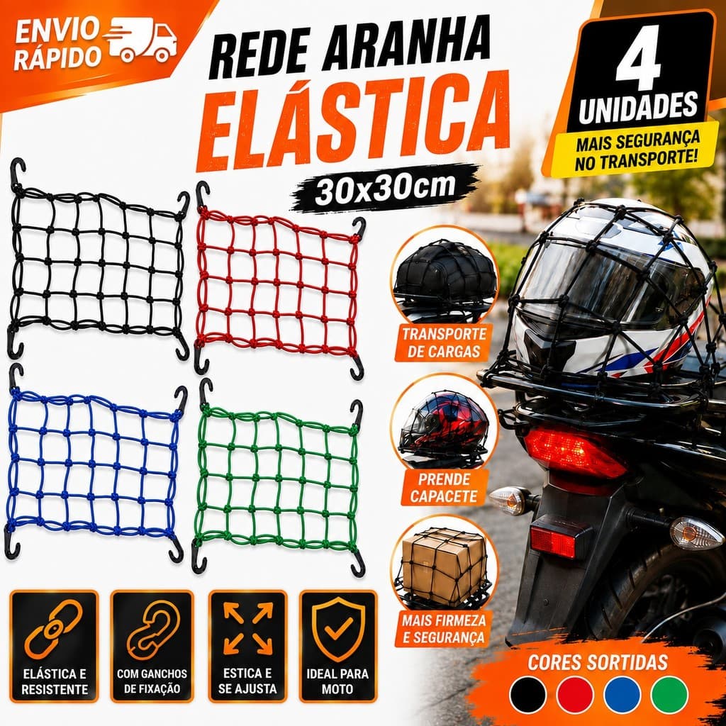 Conjunto Redinha Aranha Elástica Com 6 Ganchos Para Moto Bicicleta Resistente Capacete Bagageiro
