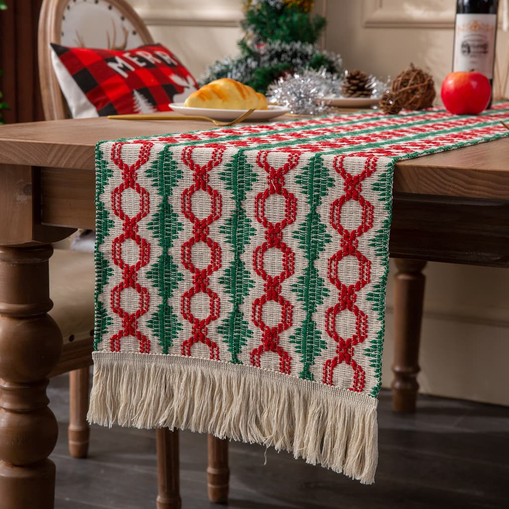 Caminho de Mesa Natalino em Algodão Espesso com Franjas, Decoração Festiva para Mesa, Melhora Experiência das Refeições