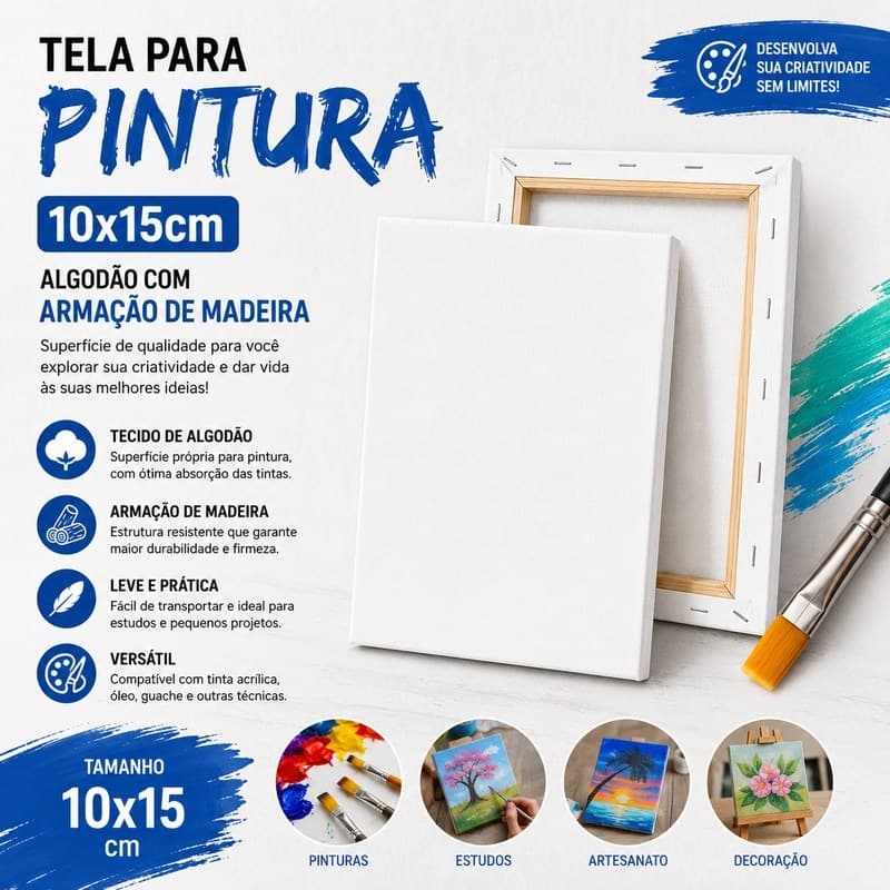 Tela para Pintura 10x15cm em Algodão com Armação de Madeira