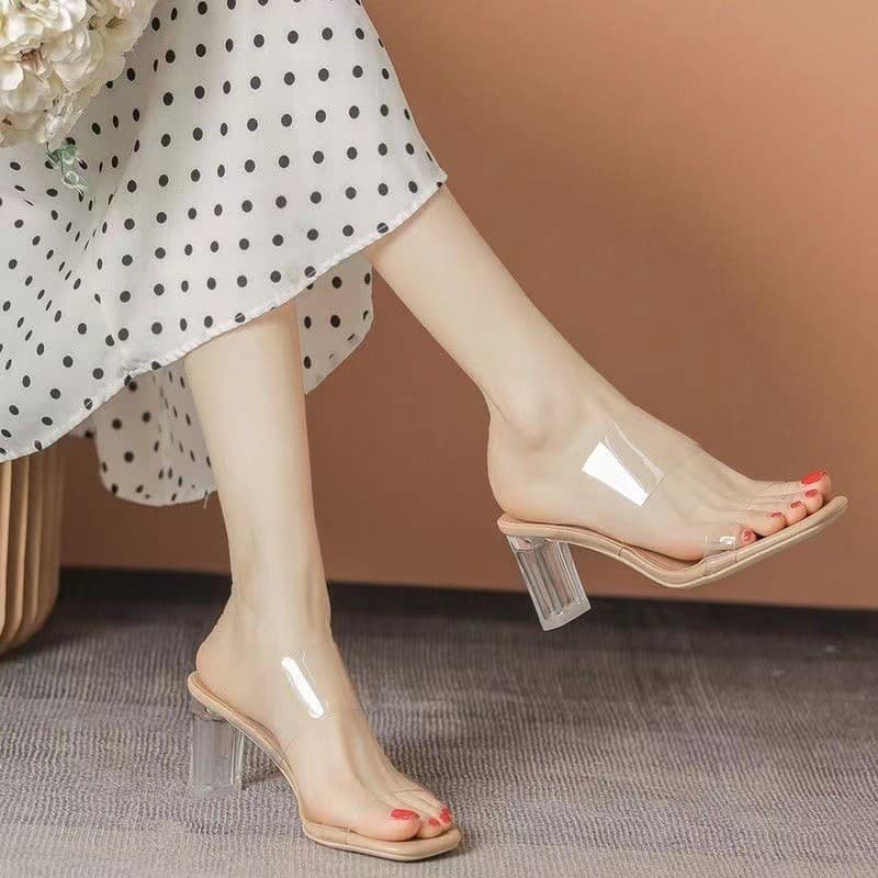 Tamanho grande transparente salto alto feminino 2023 verão novo estilo cinta plana chinelos de salto alto salto cristal