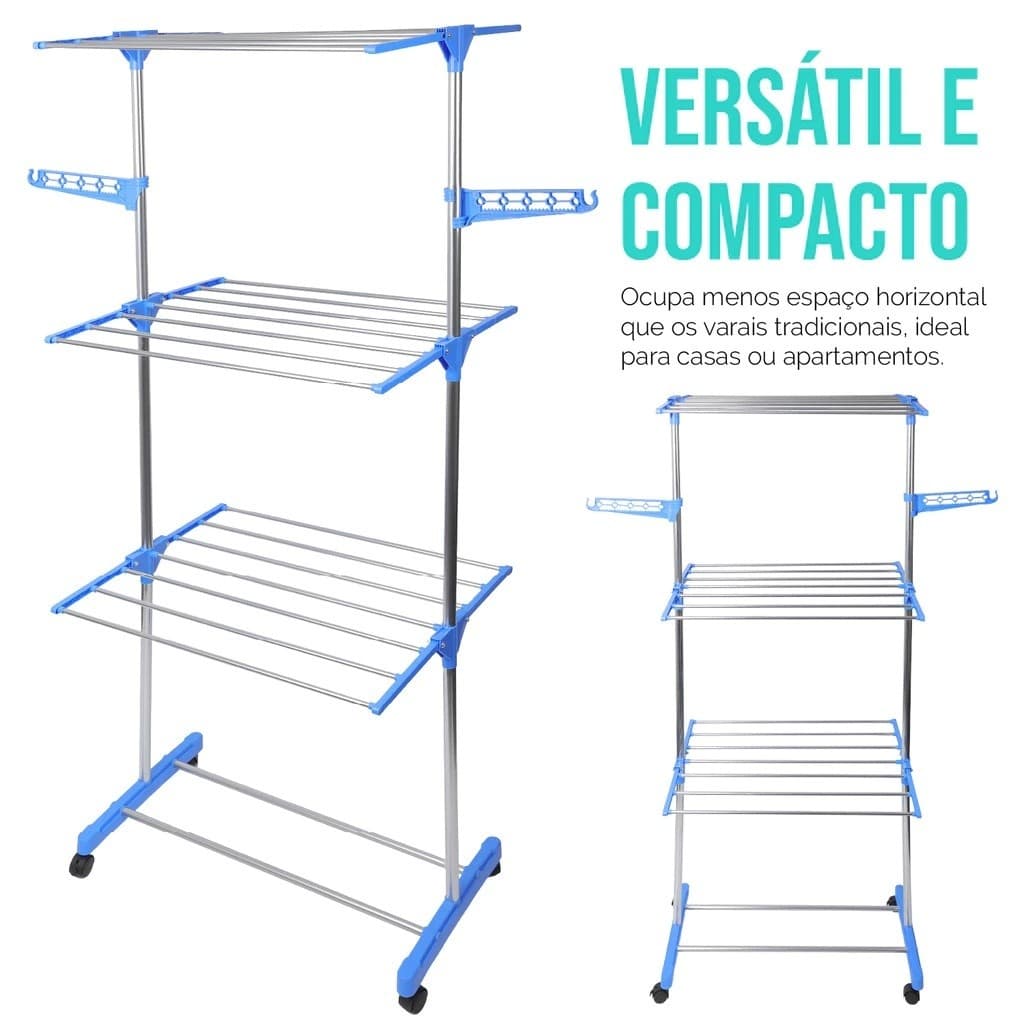 Varal De Roupa Dobrável Torre 3 Andares Com Rodas Aço Inox Vertical Azul Umbrella