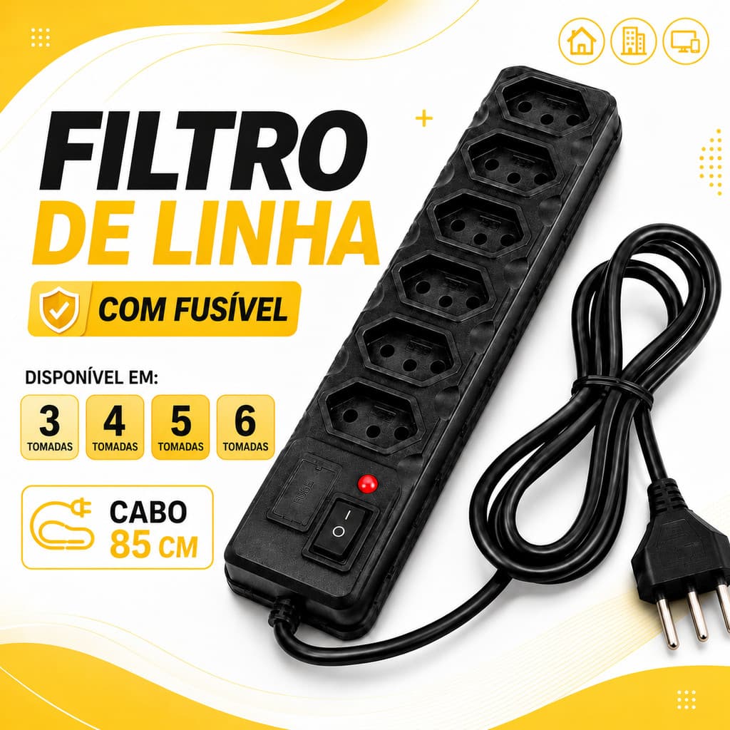 Filtro de Linha Preto 3, 4, 5 e 6 Tomadas Régua Elétrica 0.85  METROS