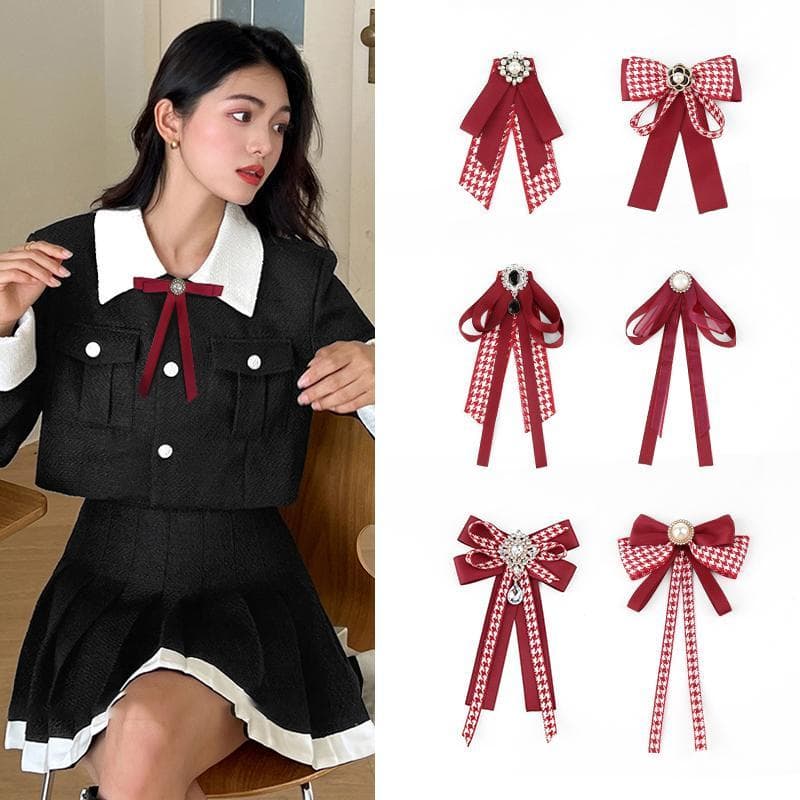 Retro vinho vermelho Houndstooth versão coreana gravata borboleta acessórios de flores pérola strass elegante estilo Pre