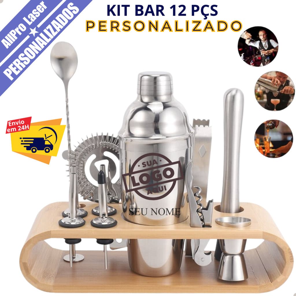 Kit Coqueteleira Bar Inox 12 Peças 550 ML Com Base Organizadora de Bambu - Personalizado