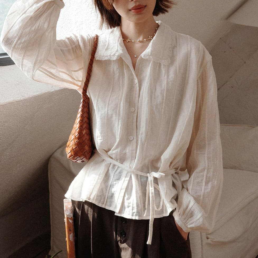 Oficina de esboço "Angelia" 26ss início da primavera listrado Jacquard camisa francesa de cintura estreita feminina