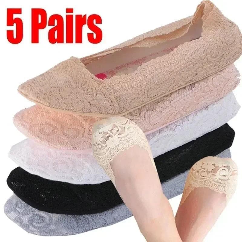 5 pares de meias femininas de verão, 5 cores, meias curtas de renda, antiderrapantes e invisíveis.