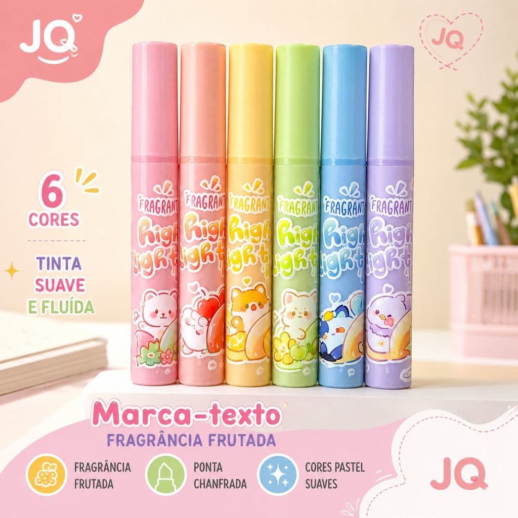 Marca Texto Triangular 6 Cores Pastel com Fragrância Frutada | Ponta Chanfrada | Caneta Marca Texto Fofa