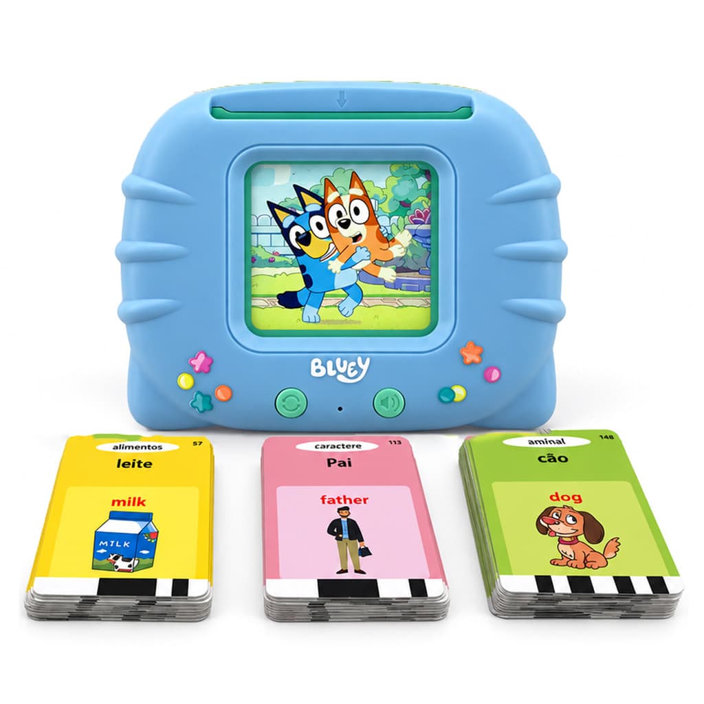 Brinquedo Leitor De Cartões Didático Bluey Infantil Sons Luzes Bilíngue Recarregável USB