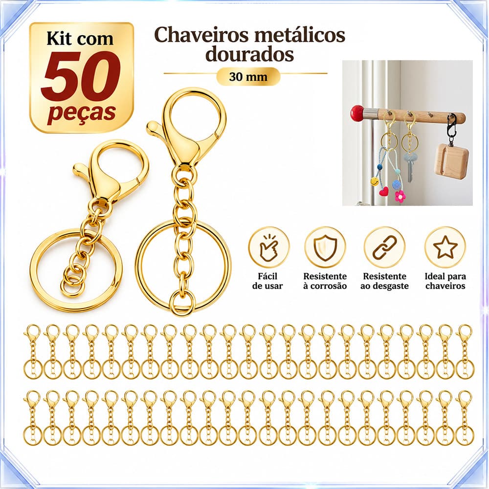 50 peças imitação de ouro chaveiro de Metal 30mm resistente ao desgaste resistente à corrosão fácil de usar