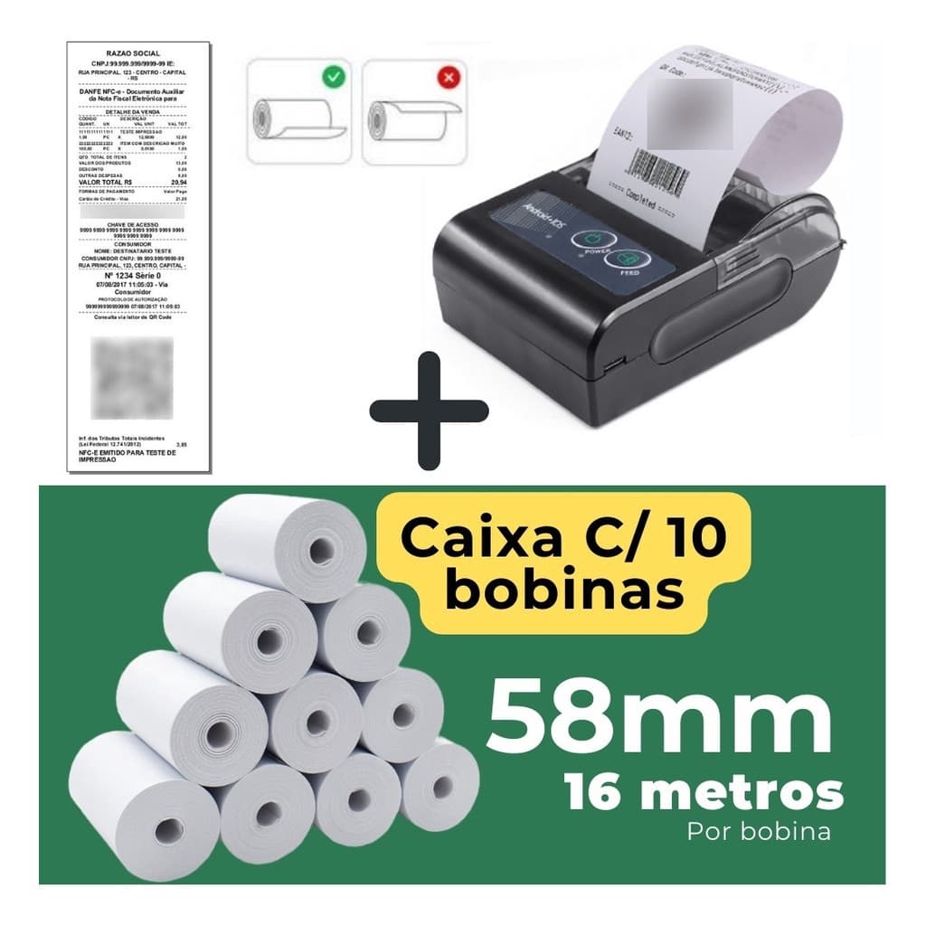 Mini Impressora Bluetooth Termica 58mm Com 10 Bobinas Lisa Fosca