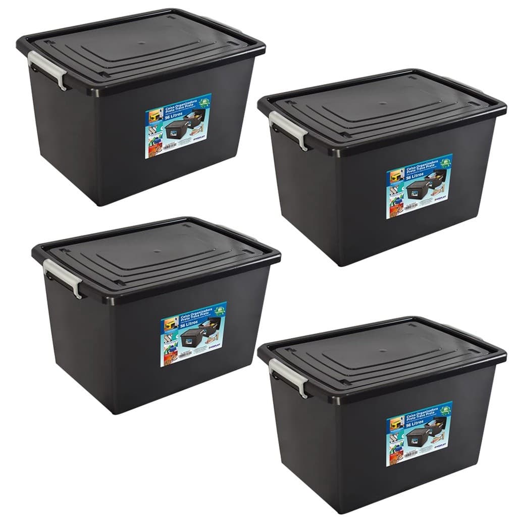 Kit 4 Caixas Organizadoras 56L Arqplast Pretas com Tampa e Travas Empilháveis Multiuso