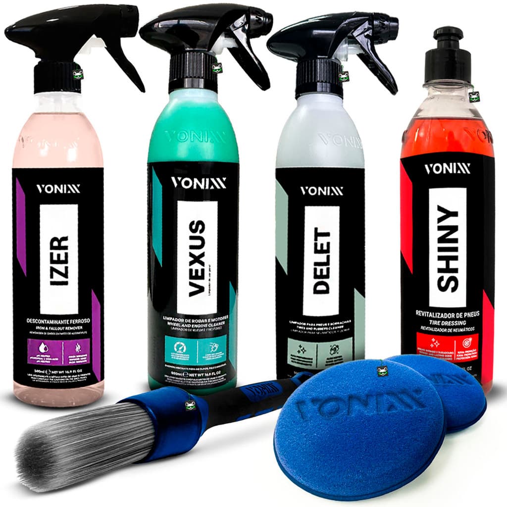 Kit Limpeza Pneu Pretinho Rodas Borrachas Shiny + Delet + Vexus + Izer Descontaminante Ferrugem Vonixx