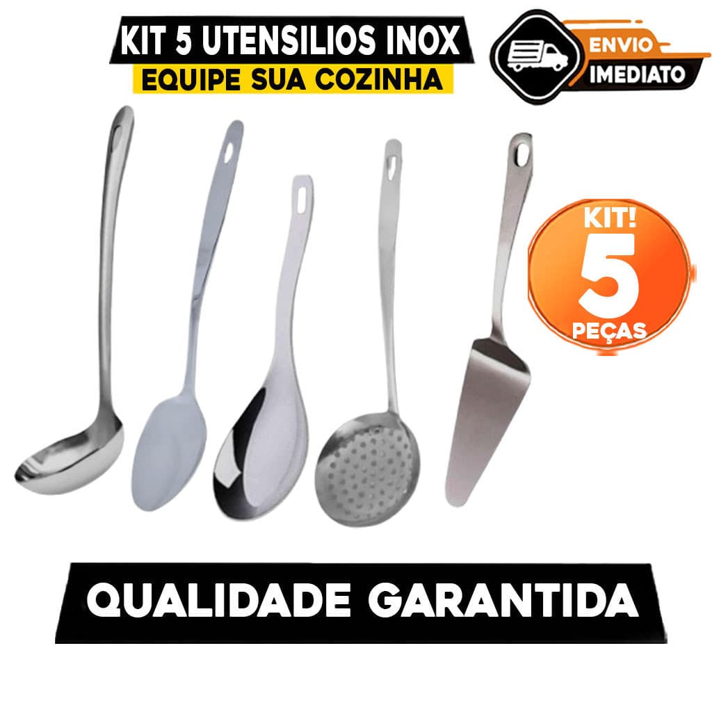 Kit Utensílios de Cozinha 3 Peças 100% Aço Inox Concha Escumadeira Colher de Arroz