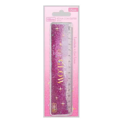 Regua 15 Cm Com Glitter Plastica Grossa Glow Tilibra Cor Rosa