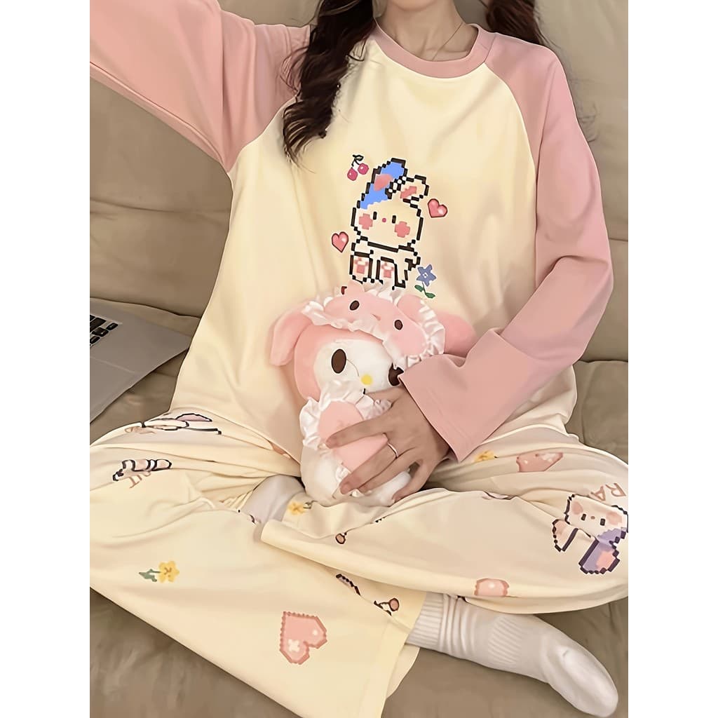 Bonito dos desenhos animados coelho pijamas senhoras terno de manga comprida outono inverno dias solto Homewear pode usa