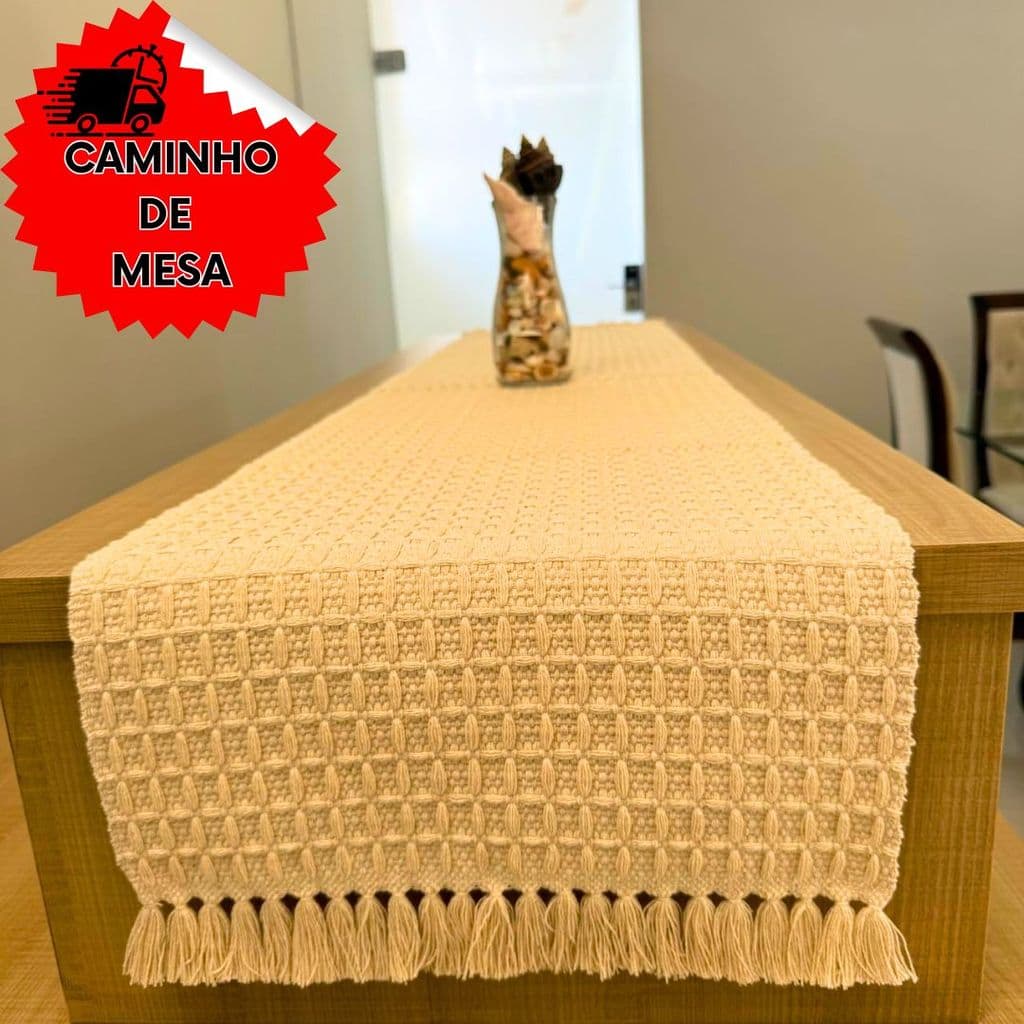 Caminho de Mesa Cru Boho Artesanal  Premium 1,50M–Elegante e Sofisticado para Sala, Cozinha e Evento