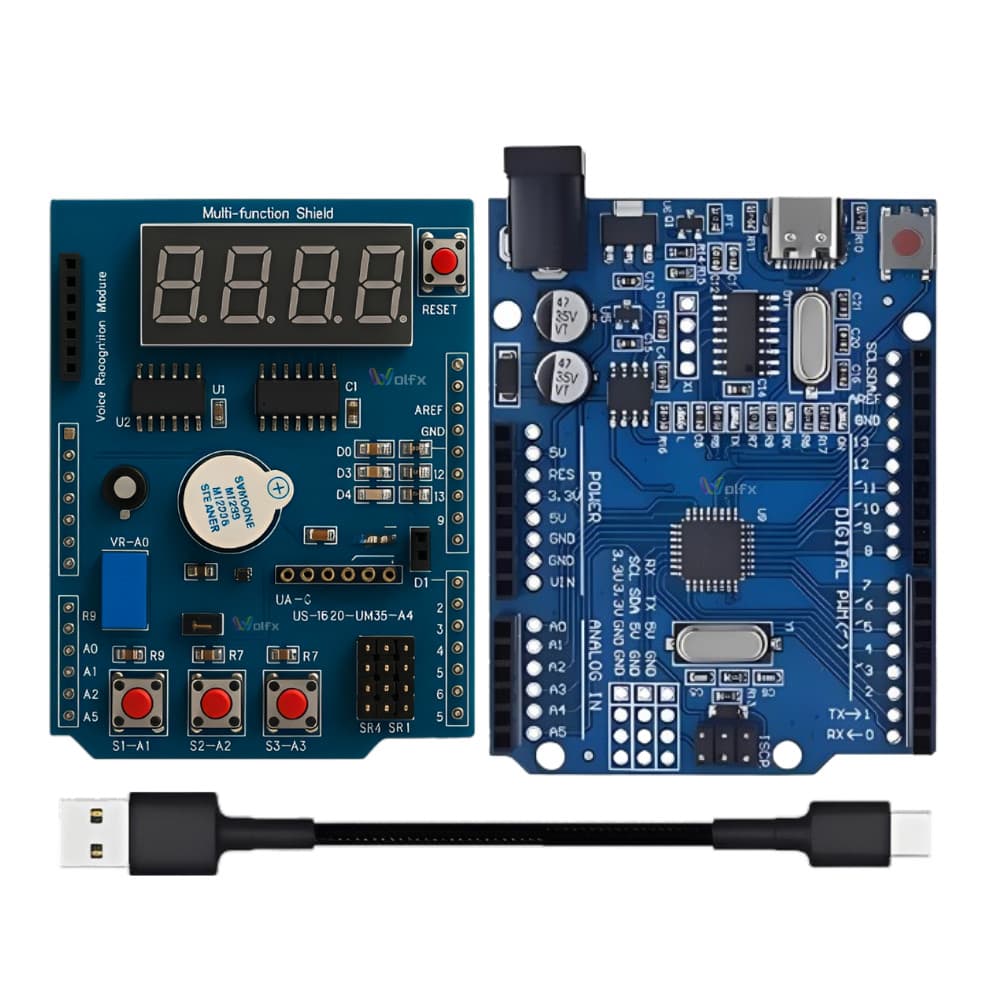 Kit uno compatível com Arduino USB Tipo-C + Shield Multifuncional + Cabo USB