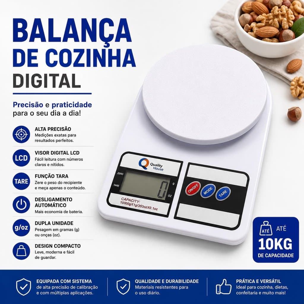 Balança Digital 10kg Cozinha Precisão 5g com Tara LCD para Receitas Dieta e Alimentos