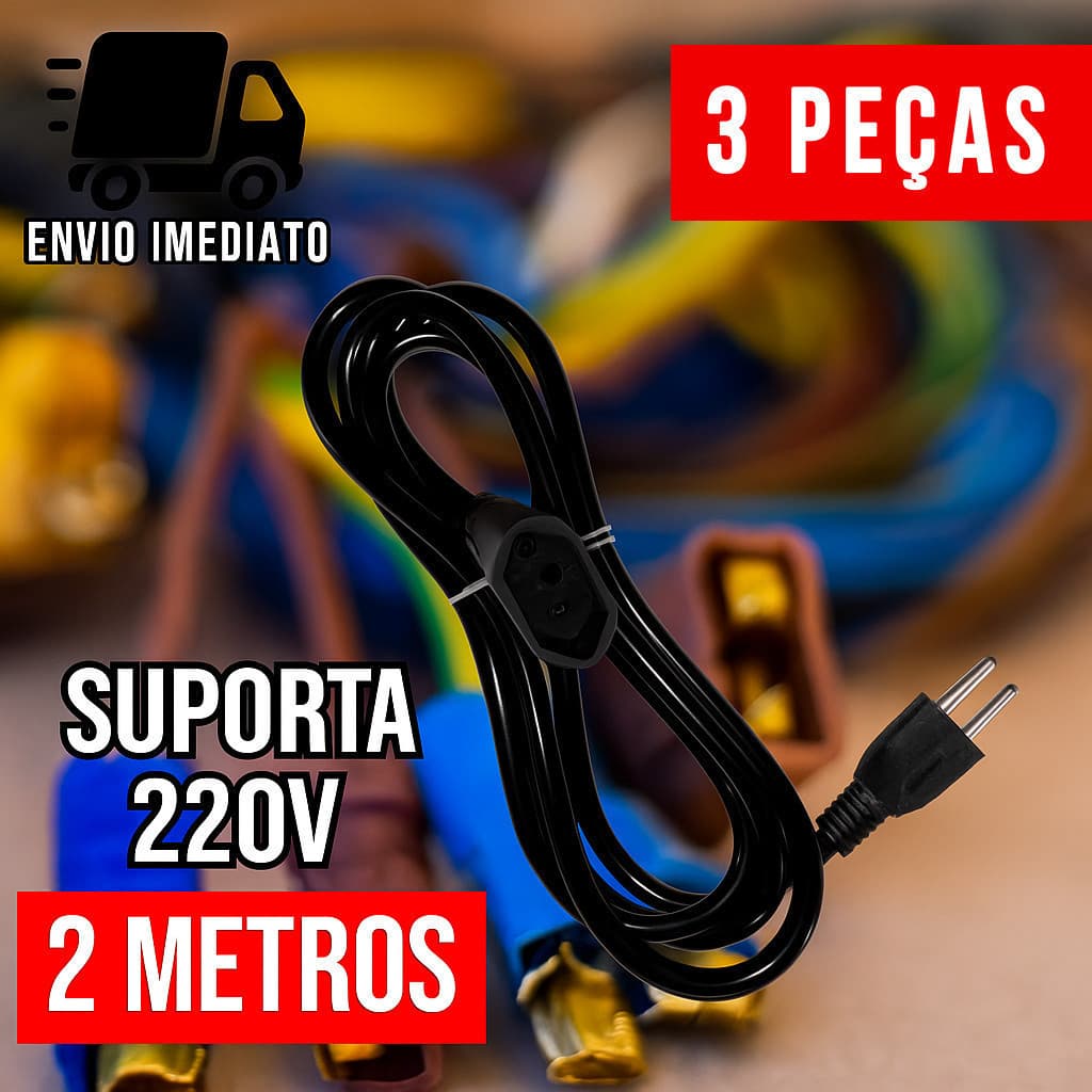 Kit 3 Extensão Elétrica e Prolongador Preto Extensor de Cabo 2 Metros e Bivolt 110v e 220v