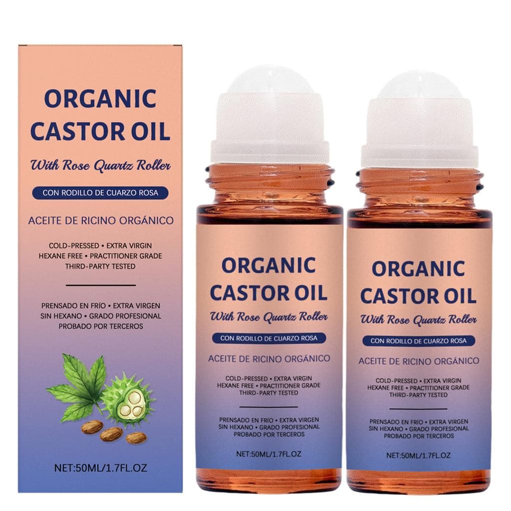 2 unidades de óleo de rícino orgânico em roll-on com quartzo rosa, 100% puro, prensado a frio, para crescimento capilar,