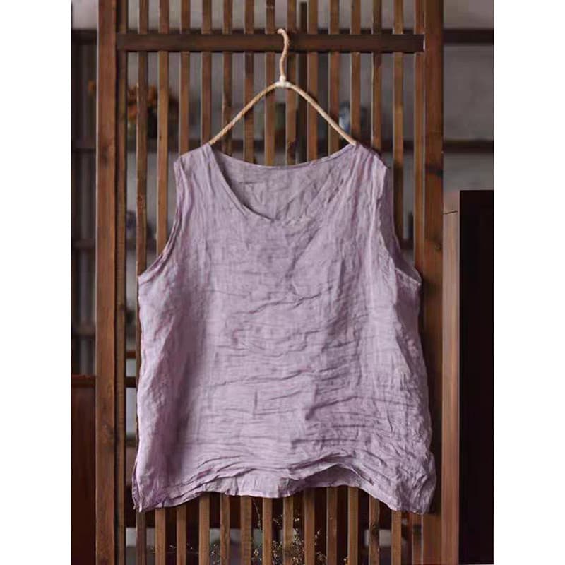 Tarde Qinghe ~ literário leve Ramie colete feminino exterior solto sem mangas camiseta pequena algodão linho interior to