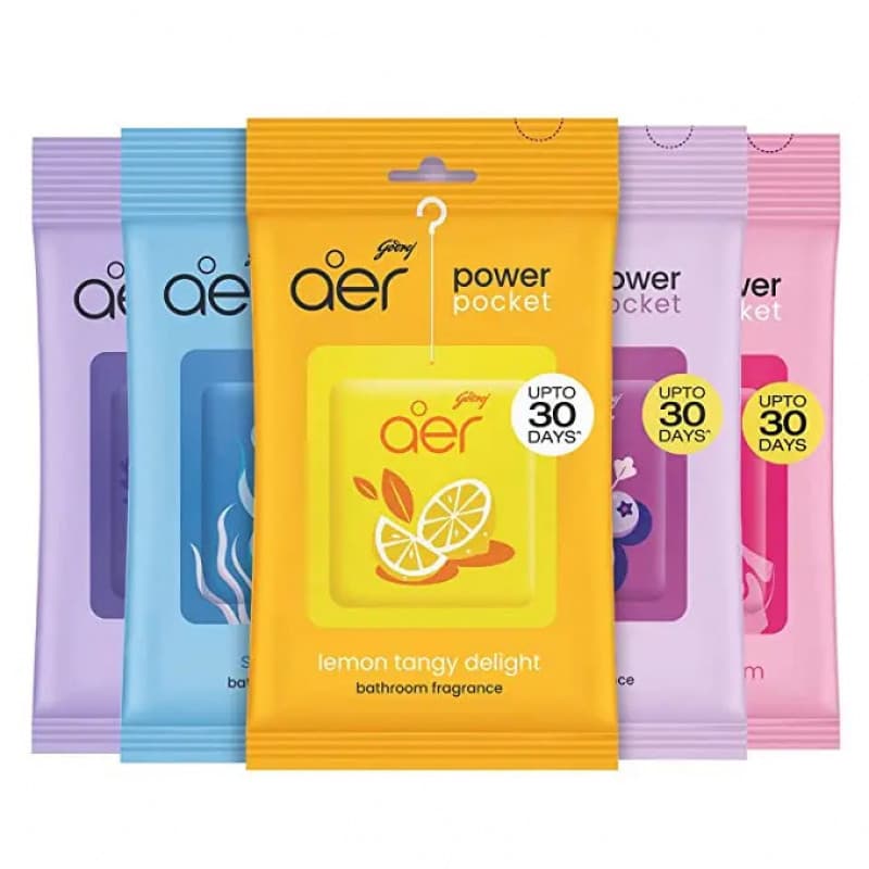 GodrejAerPowerPoket, Aromatizador de Ar Suspenso, Pacote Sortido de 5, Pacote Colorido, [Limão, Rosa, Fresco, Frutas Ver