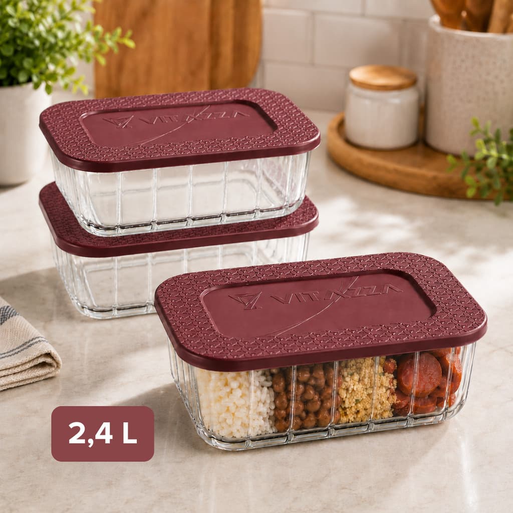 Kit 3 Potes De Vidro Com Tampa 2,4 Litros Tigela De Vidro Marinex Saladeira Marmita Grande Alimentos