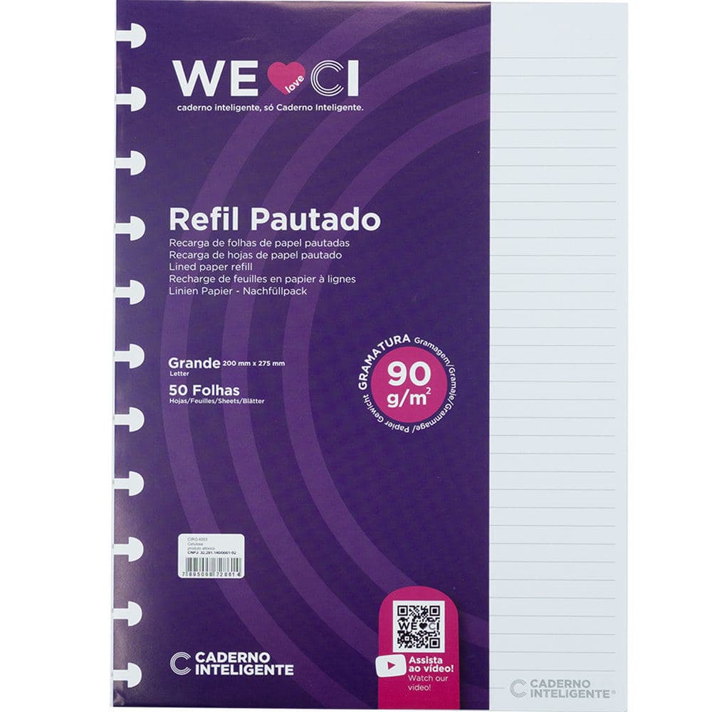 Refil de Folhas para Caderno Inteligente Grande Pautado 90g 50 Folhas