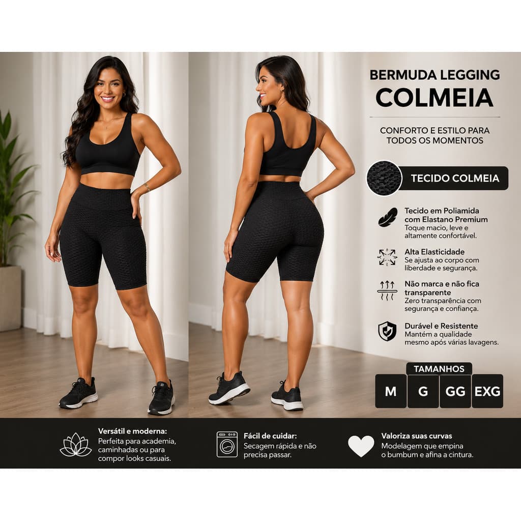 Bermuda Legging Feminino Colmeia Sem Bolso