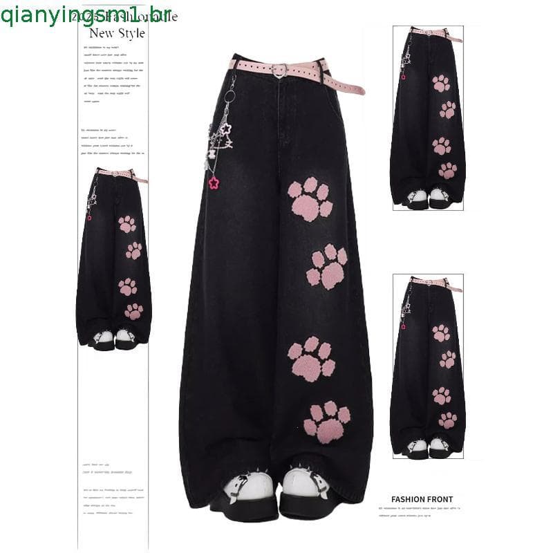 Calça Jeans feminina bordada com garra de gato, cintura alta, solta, perna reta