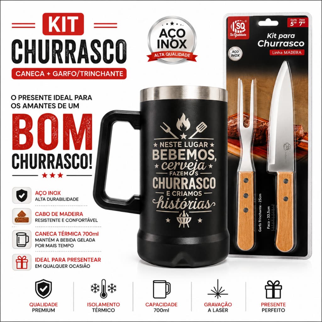 Kit Churrasco Personalizado | Caneca Térmica + Faca e Garfo Inox | Presente Masculino Exclusivo