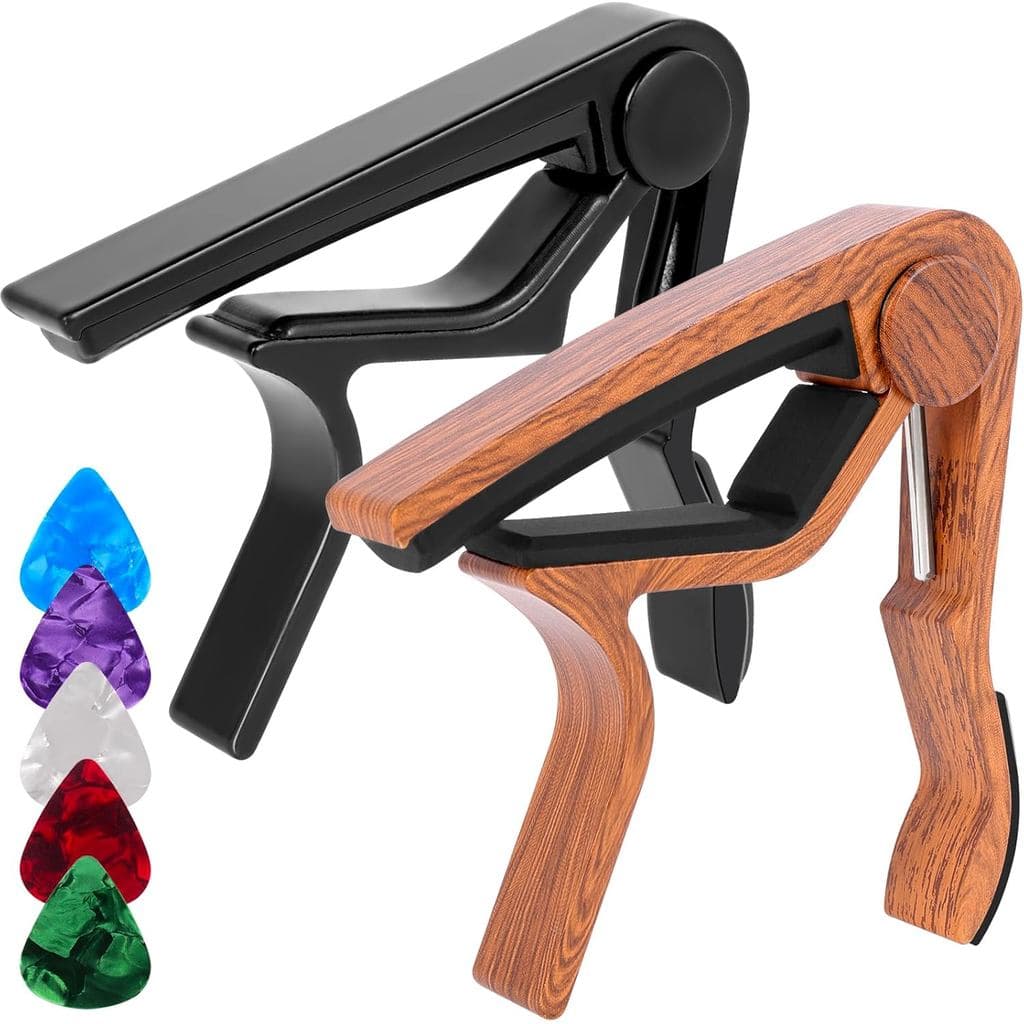 Conjunto de 2 Capos para Guitarra Acústica e Elétrica de 6 Cordas, Capo Preto e Cor Madeira com 5 Palhetas