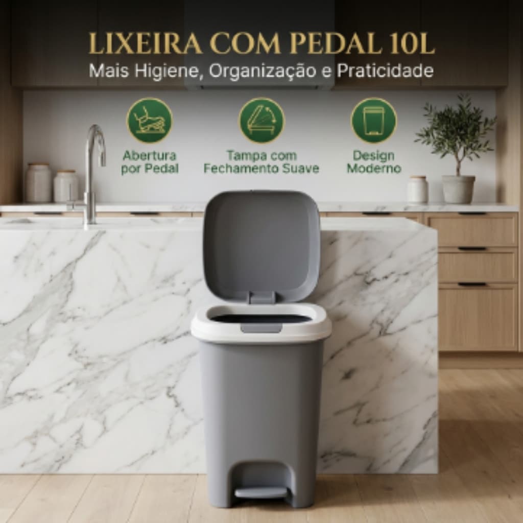 Lixeira Pedal De Plástico 10L Para Cozinha Banheiro Moderna Pratica