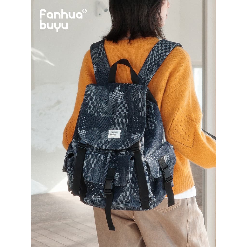 Fanhua Whisper Retro High-End Mochila Feminina Diária Grande Capacidade Cordão Denim Fivela Commuter Bolsa para Computad