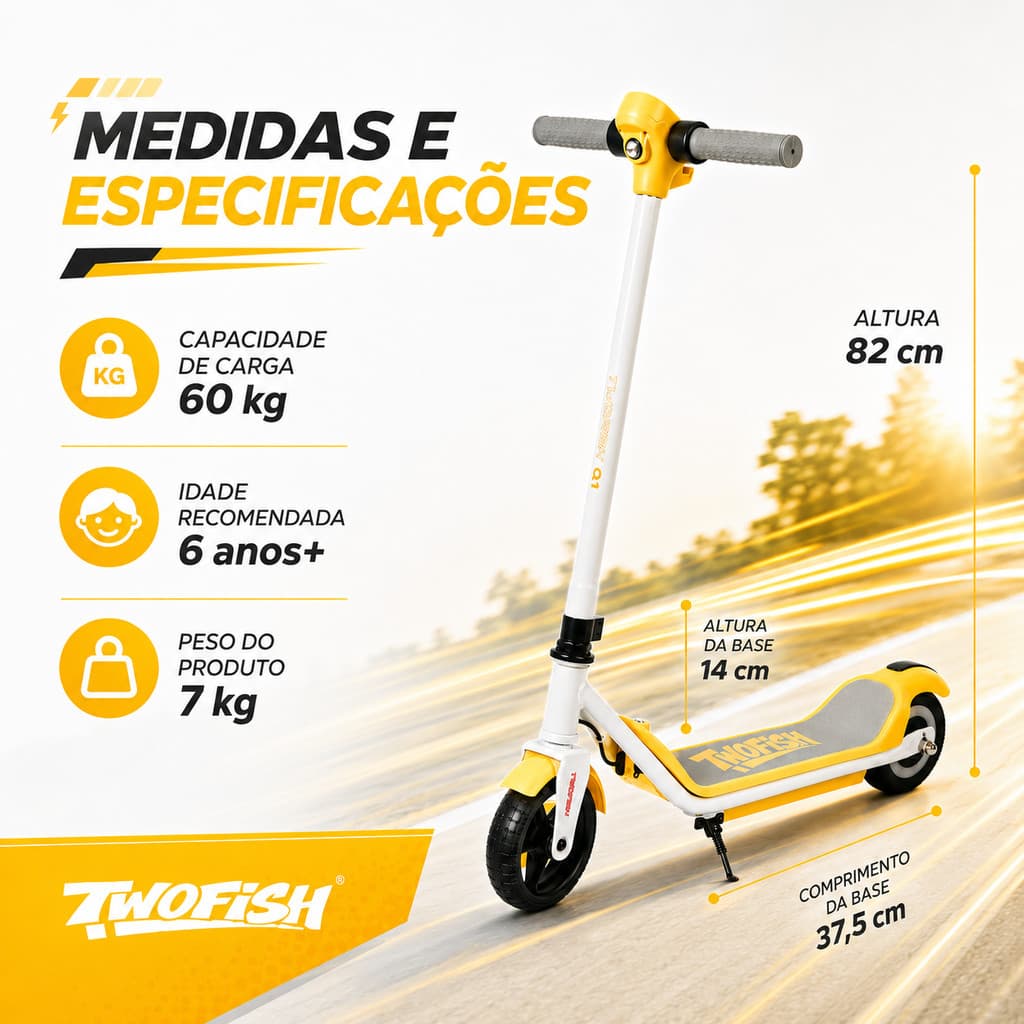 Patinete Infantil Elétrico Two Fish Q1 24V 2.5Ah LED LCD Bluetooth 15km/h com Kit Proteção