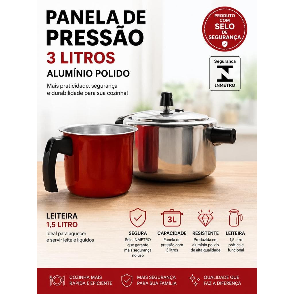 KIT PANELA DE PRESSÃO  POLIDA+ LEITEIRA  POLIDA MÉDIA VERMELHA+ ENVIO SEGURO