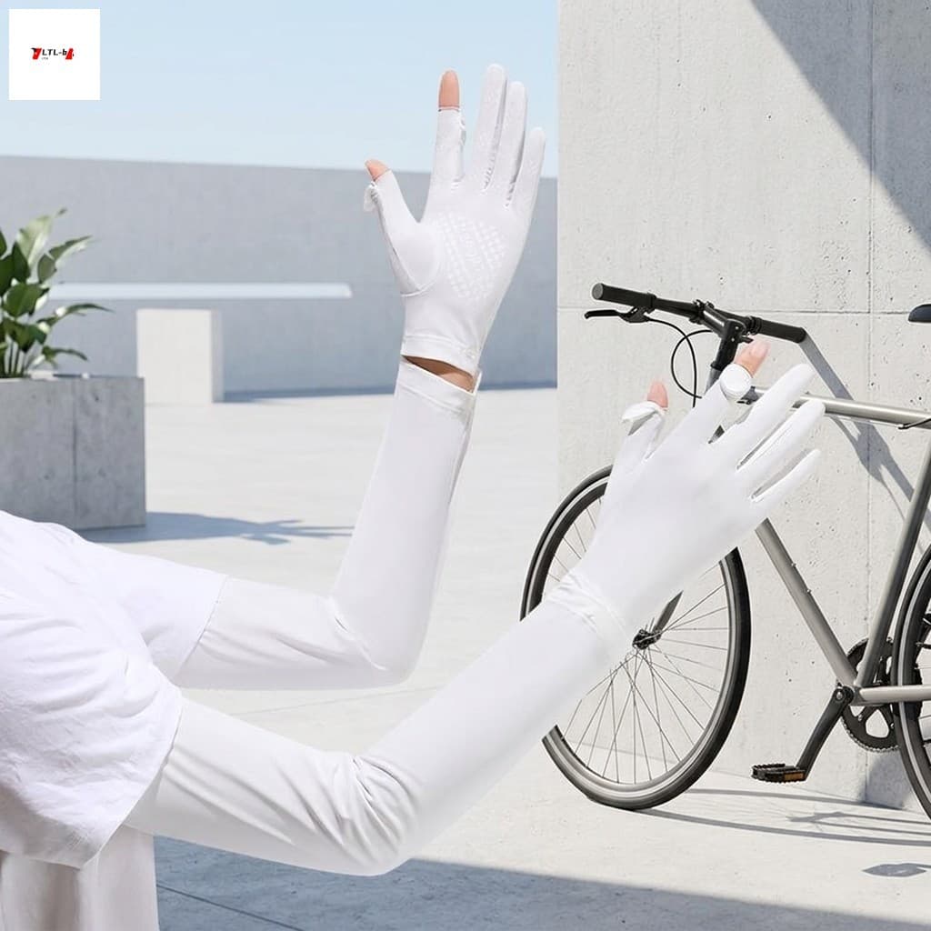 Mangas De Braço De Proteção Solar De Seda Gelada UPF50 + Com Luvas Respiráveis Para Resfriamento De Ciclismo E Direção