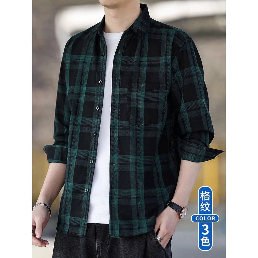 Camisa masculina manga longa primavera outono 2025 novo estilo verde escuro xadrez lavado Casual camisa masculina jaquet