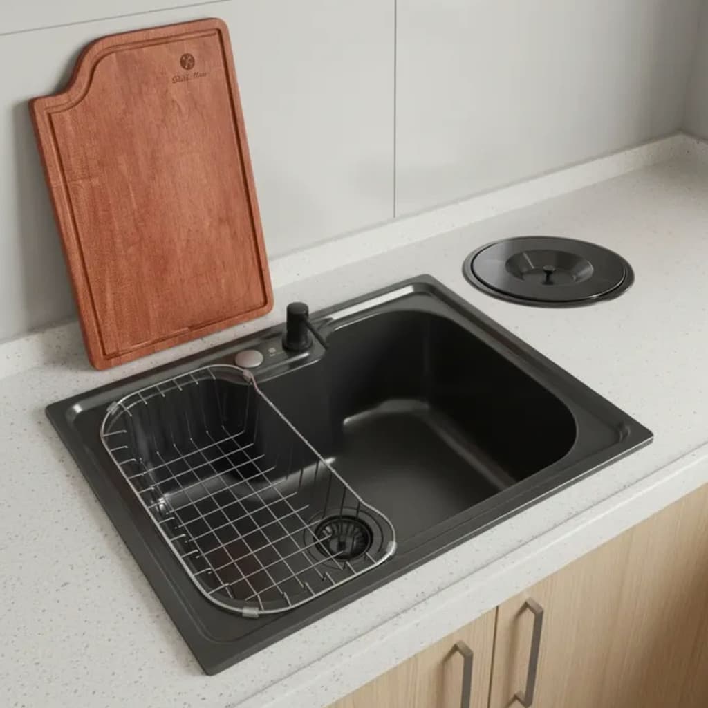 CUBA GOURMET INOX PRETA 60X42CM + TÁBUA E LIXEIRA DE EMBUTIR