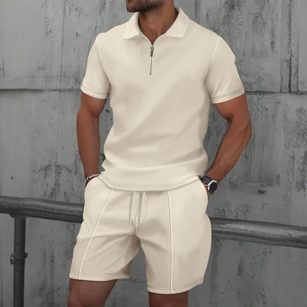 Novo Estilo Masculino Waffle Gra Camiseta De Manga Curta E shorts Terno casual .