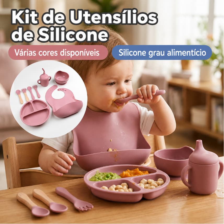Kit 8 Peças Talheres de Silicone para Bebê Conjunto Alimentação Desmame Prato Tigela Ventosa Babador Copo Canudo Sem BPA