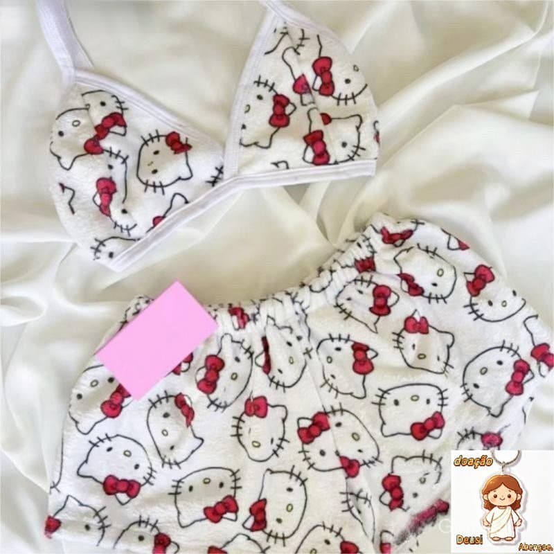 Moda bonito gato dos desenhos animados casual casa colector shorts de duas peças COD