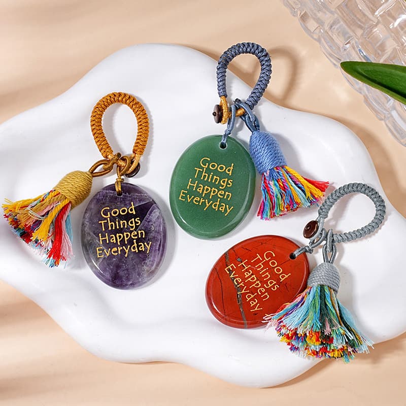 Chaveiro de Pedra de Cristal Natural com Corda Trançada Feita à Mão, Amuleto de Pedra Preciosa para Mindfulness R386