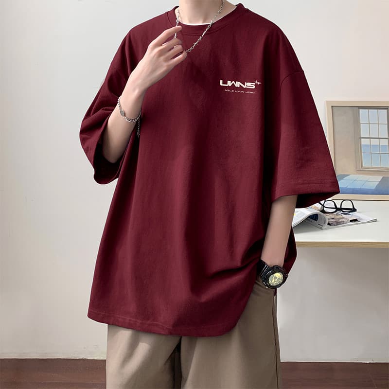 Vinho tinto pesado camiseta de manga curta masculina verão americano Retro Street Wear ins All-Match confortável juventu