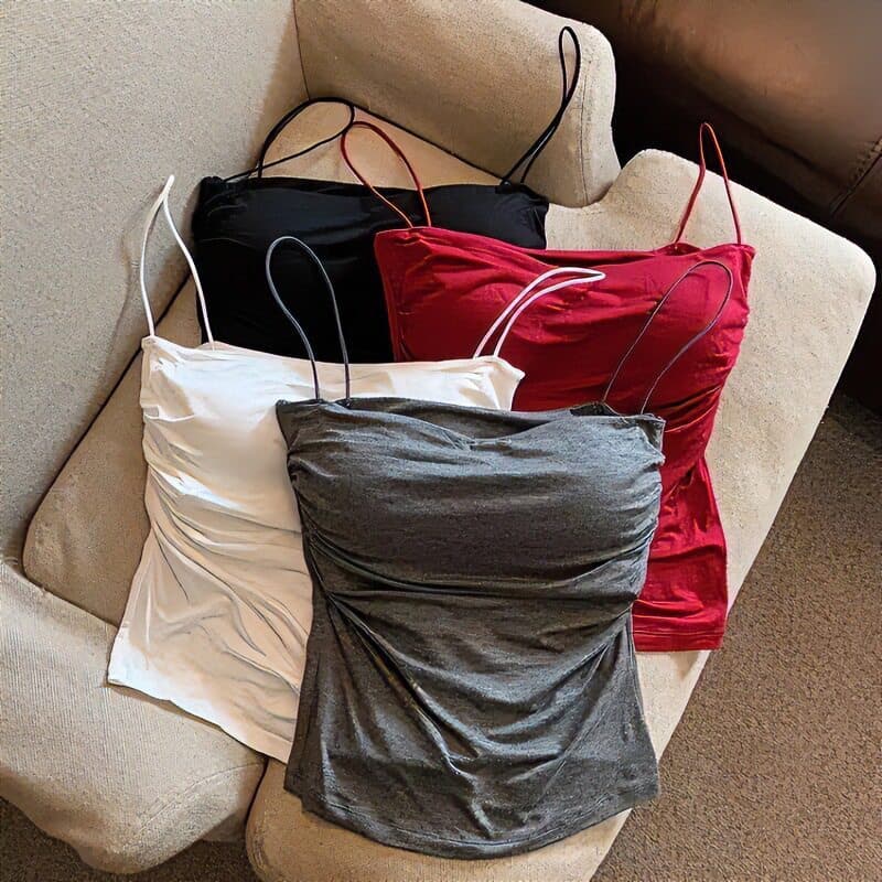 Menina quente puro desejo plissado camisola feminina verão alças de ombro finas interior doce estilo quente sem mangas s
