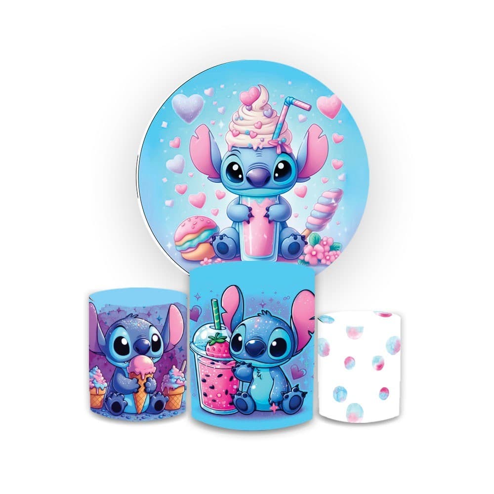 KIT CAPA PAINEL REDONDO SUBLIMADO + TRIO DE CILINDROS TEMA STITI SORVETE  MENINA  ANIVERSARIO  FESTA