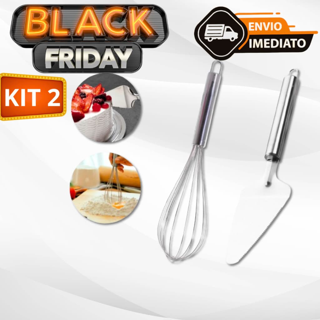 Kit Utensílios Linha PREMIUM de Cozinha 2 Peças 100% Inox Batedor de Claras Espátula de Bolo